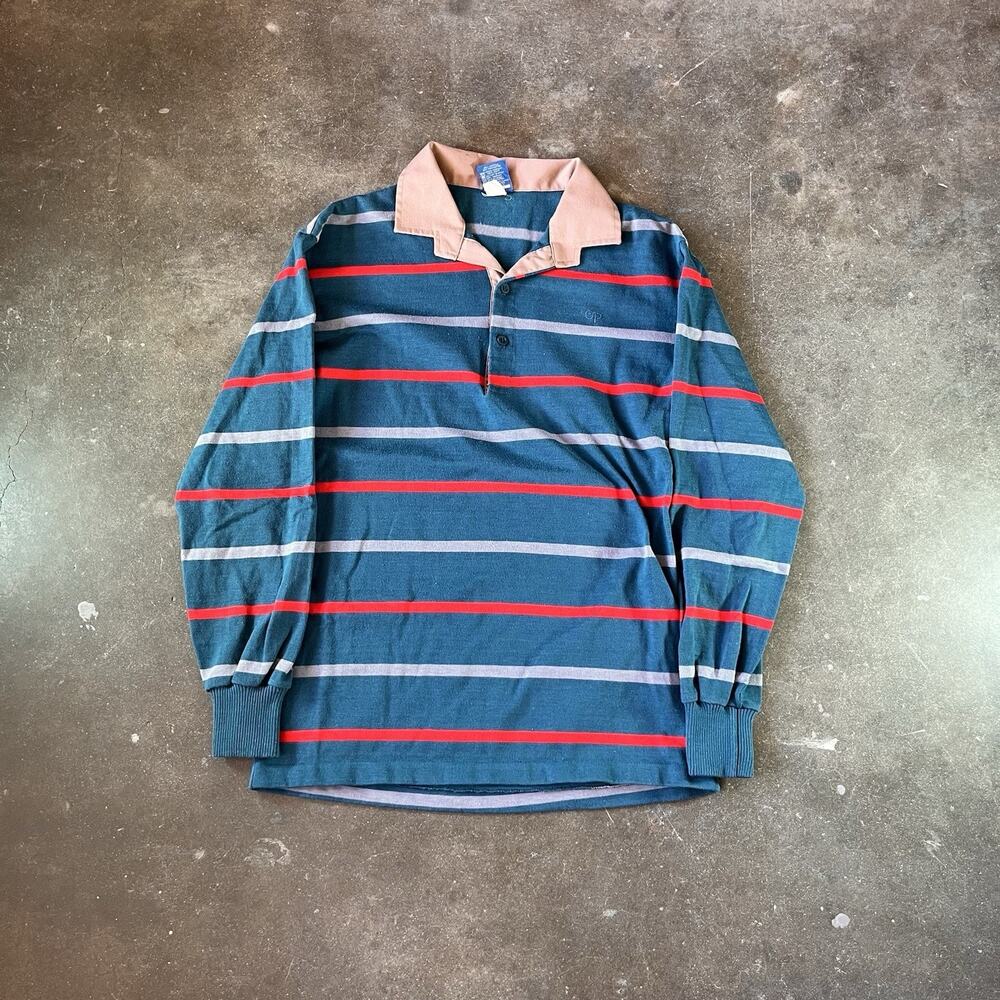 Y2K Surf Wear Ocean Pacific Blue Striped Collared Polo Long Sleeve